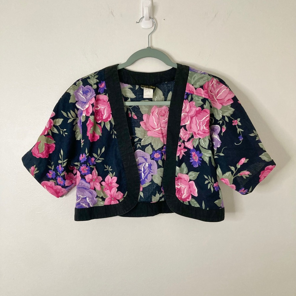 Vintage 80s Floral Cropped Bolero Jacket Stuart Alan 100% Cotton Made in USA S